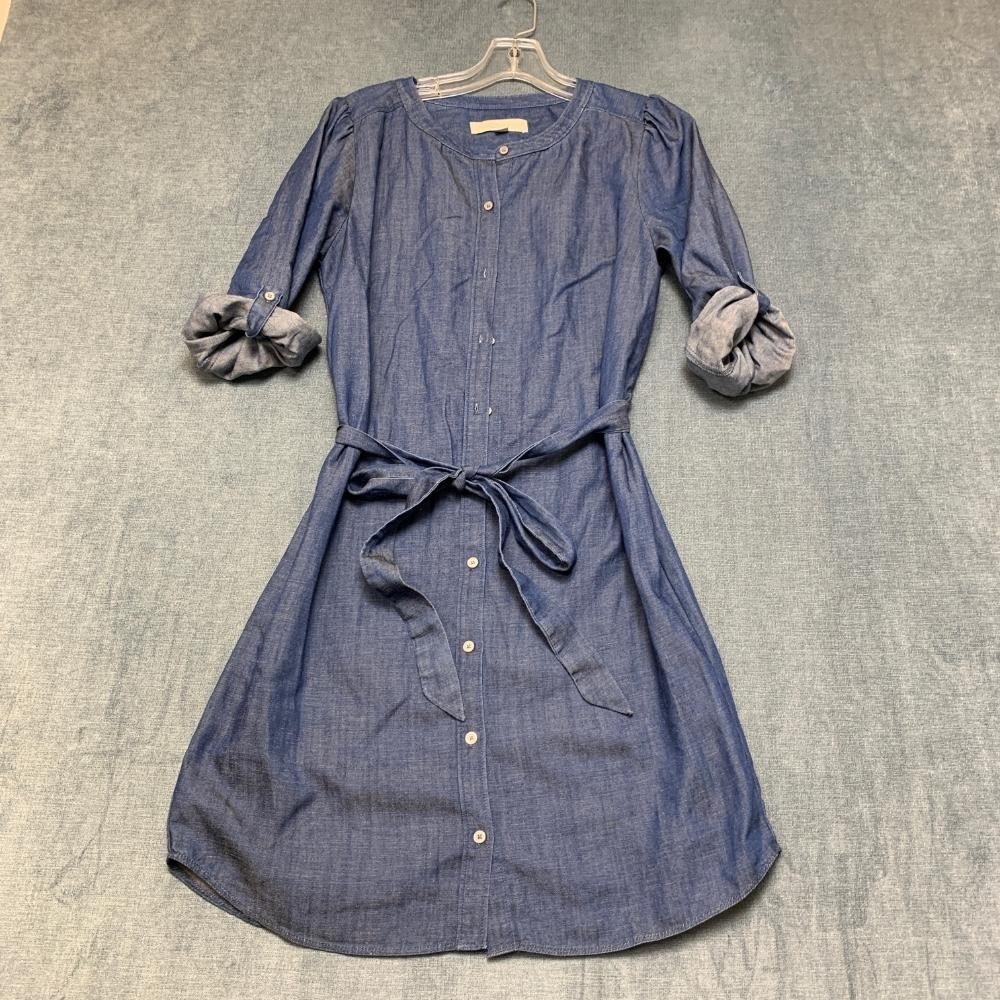Loft Shirt Dress Women S Blue Denim Pleated Tie Waist Round Neck Roll Tab Sleeve
